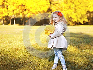 Autumn photo beautiful little girl with yellow maple leafs