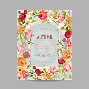 Autumn Photo Frame with Orchid and Lily Flowers. Seasonal Fall Design Card