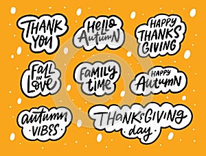 Autumn phrases set. Hand drawn black color lettering text. Thanksgiving day celebration. Vector illustration.