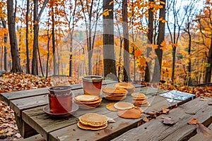 Autumn Picnic Scene with Pancakes, Maple Syrup, and Tea on a Wooden Table Amidst Colorful Fall Foliage