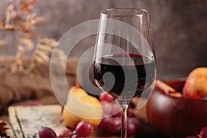 Autumn picnic with wine and cheese platter, fruits and dry leaves