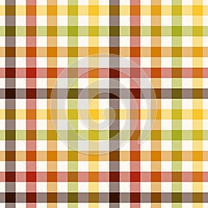 Autumn plaid pattern. Multicolored gingham vichy check in brown, red, orange, green, yellow, off white for flannel shirt.