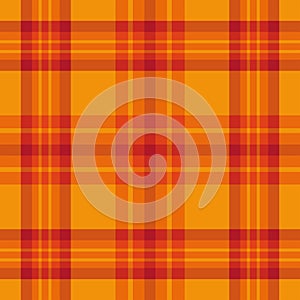 Autumn plaid tartan checkered seamless pattern in orange, and red over amber yellow background.
