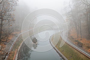 Autumn pond Cozy alley in a city foggy park in the fall. Gomel, Belarus