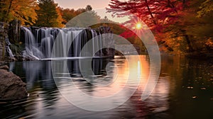 Autumn Pond And Waterfall In Nature With Sunrise Background