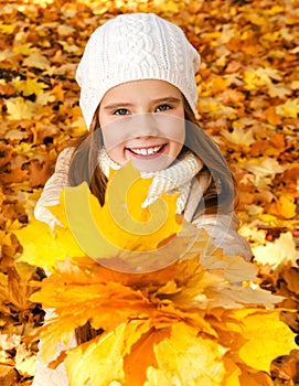Autumn portrait of adorable smiling little girl child with leav