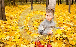 Autumn portrait of beautiful child. Happy little boy with leaves in the park in fall.