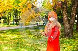 Autumn portrait of beautiful child. Happy little girl with leaves in the park in fall.