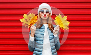 Autumn portrait beautiful young woman model blowing her lips with yellow maple leaves on red background
