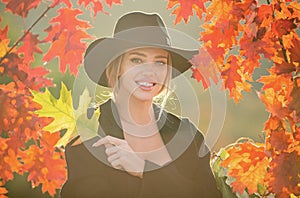 Autumn portrait of cheerful woman with yellow maple leaves. Portrait of beauty girl with autumn leafs on foliage. Close