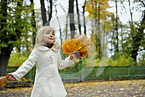 Autumn portrait of cute smiling little girl with maple leaves outdoor