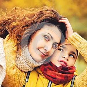 Autumn Portrait of Happy Family. Loving Mother and Son