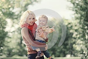 Autumn portrait happy family mother and son