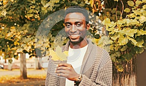Autumn portrait of happy smiling young african man holding yellow maple leaf in the park