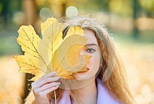 Autumn portrait woman holding in her hand yellow maple leaves covering her eye