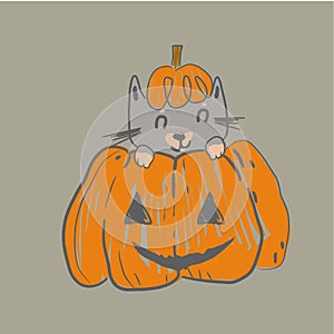 Autumn postcard with cat siting in halloween pumpkin. halloween postcard