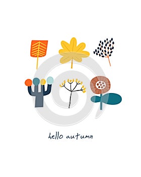 Autumn postcard with cute plants, leaves