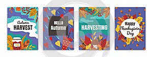 Autumn posters. Flyers and greeting cards with fall foliage for seasonal events, thanksgiving holiday banners. Vector