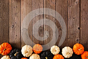 Autumn pumpkin bottom border in Halloween colors orange, black and white over rustic wood