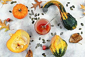 Autumn pumpkin jam on table, autumn dessert