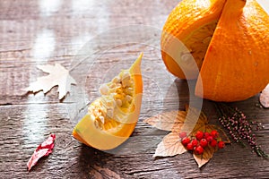 Autumn pumpkin and leaves on wooden boards still life