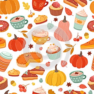 Autumn pumpkin pattern. Pumpkins spice, cinnamon hot drink and pastry print. Thanksgiving food, pie cake coffee vector