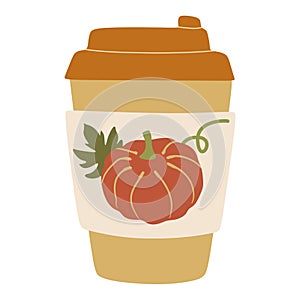 Autumn Pumpkin Spice latte in paper cup. Flat vector illustration isolated on white. Autumn coffee to go. Fall season hot sweet