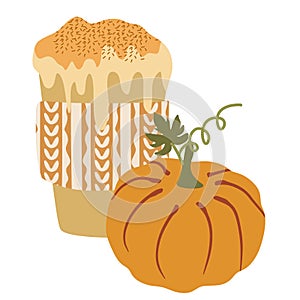 Autumn Pumpkin Spice latte in paper cup. Flat vector illustration isolated on white. Seasonal Warming Drink to go. Fall season Hot