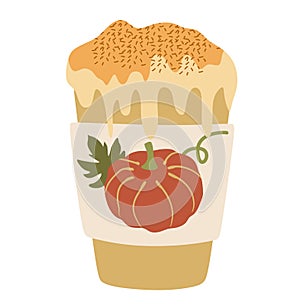 Autumn Pumpkin Spice latte with Whipped cream in paper cup with lid. Flat vector illustration isolated on white. Hot coffee to go