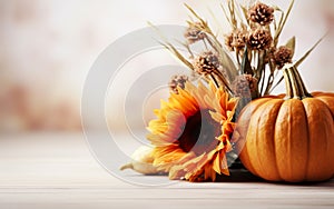 Autumn pumpkin with sunflower dry leaves and flowers on blurred bokeh lights white background with copy space. Wooden floor.