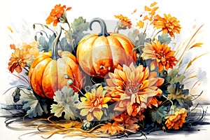 Autumn Pumpkin, sunflowers, leaves. Thanksgiving Day. Autumn decor in a watercolor style