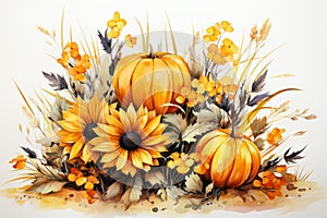 Autumn Pumpkin, sunflowers, leaves. Thanksgiving Day. Autumn decor in a watercolor style