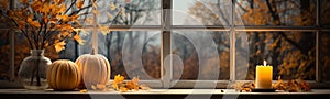 Autumn pumpkins, candle and fall foliage resting on window sill with a country view banner - generative AI