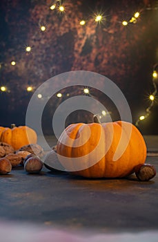 Autumn pumpkins and fall decor on a rustic background illuminated with light