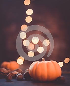 Autumn pumpkins and fall decor on a rustic background illuminated with light