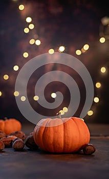 Autumn pumpkins and fall decor on a rustic background illuminated with light