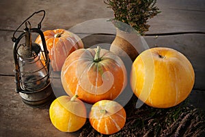 Autumn Pumpkins - orange pumpkins on wooden table