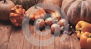 Autumn pumpkins and other fruits and vegetables on wooden thanksgiving table