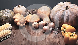 Autumn pumpkins and other fruits and vegetables on wooden thanksgiving table