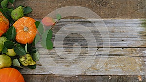 Autumn pumpkins and pears on wooden background, copy space. Thanksgiving day banner.