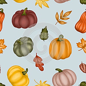Autumn pumpkins seamless pattern background with leaves, hand made not AI