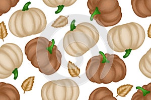 Autumn pumpkins seamless pattern, beige and brown color isolated on white background with leaves