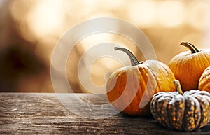 Autumn pumpkins still life on vintage wooden table and bokeh background. Thanksgiving family dinner greeting card design.