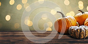 Autumn pumpkins still life on vintage wooden table and rustic background. Thanksgiving family dinner greeting card design.