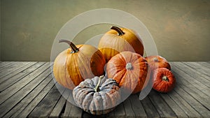 Autumn pumpkins still life on vintage wooden table and rustic background. Thanksgiving family dinner greeting card design.