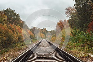 Autumn railway. Rails extending into the distance. prospect of estrangement