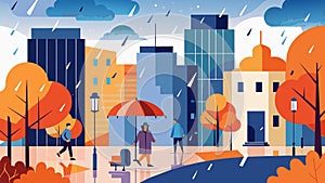 Autumn Rain in the City: Colorful Urban Life Under Showers photo