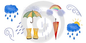 Autumn rain. Collection of elements. Umbrella, boots, clouds, rain, rainbow, wind. Watercolor style.