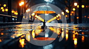 After the autumn rain, a lonely umbrella stands in the middle of the pedestrian street, reflected in the puddle.