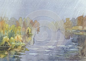 Autumn rain watercolor landscape